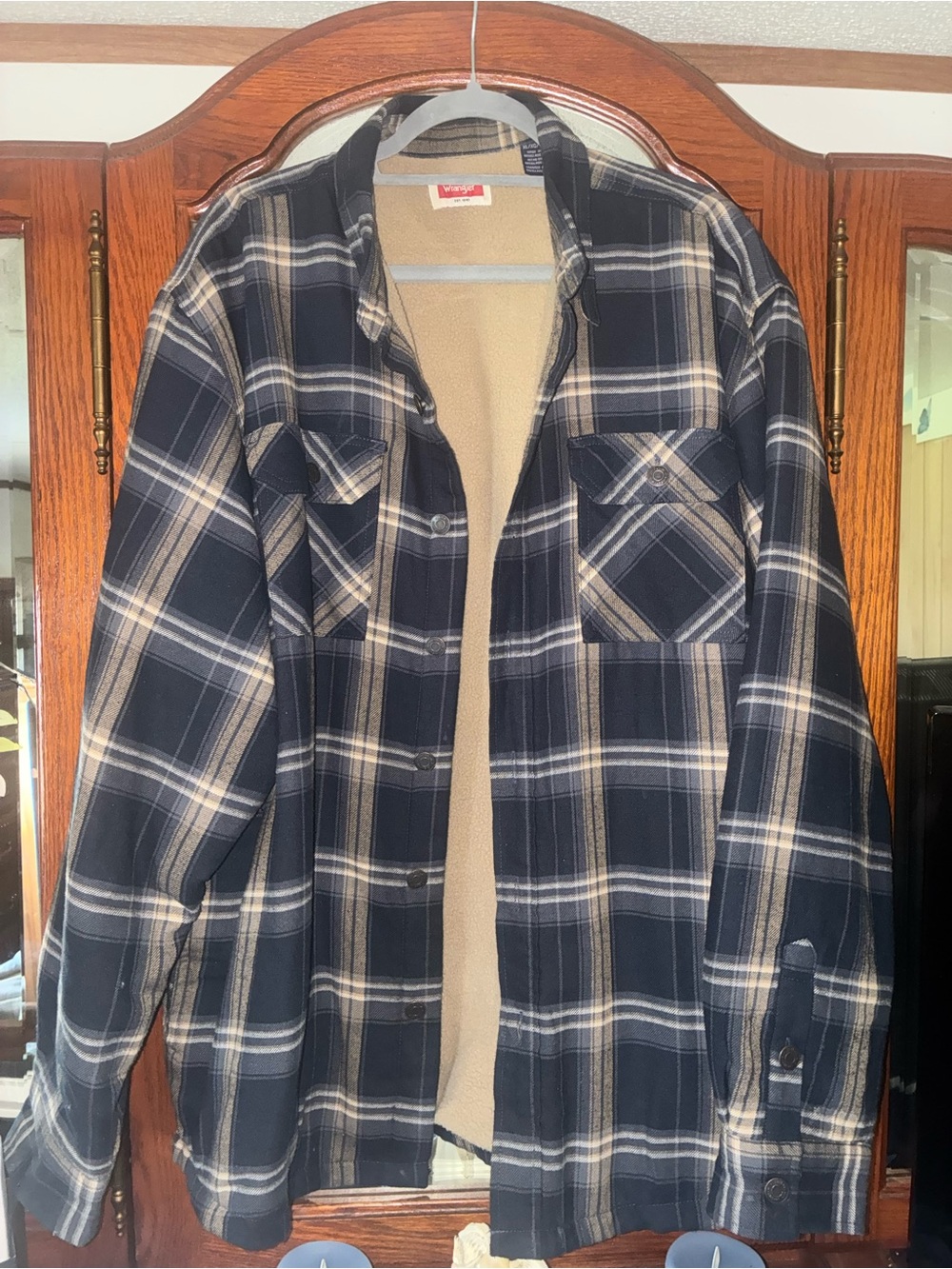 Wrangler Navy and Beige Plaid Sherpa-Lined Shirt Jacket